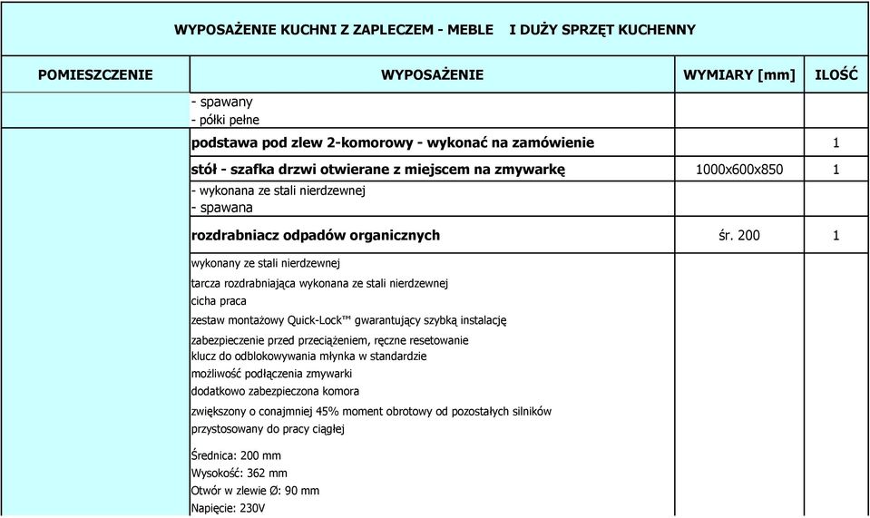 200 1 wykonany ze stali nierdzewnej tarcza rozdrabniająca wykonana ze stali nierdzewnej cicha praca zestaw montażowy Quick-Lock gwarantujący szybką instalację zabezpieczenie przed