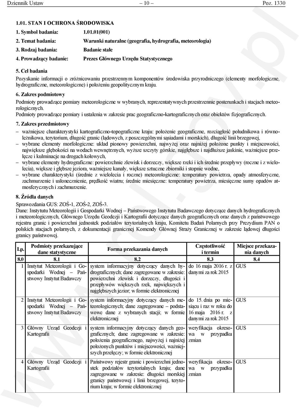 Prowadzący badanie: Prezes Głównego Urzędu Statystycznego Pozyskanie informacji o zróżnicowaniu przestrzennym komponentów środowiska przyrodniczego (elementy morfologiczne, hydrograficzne,