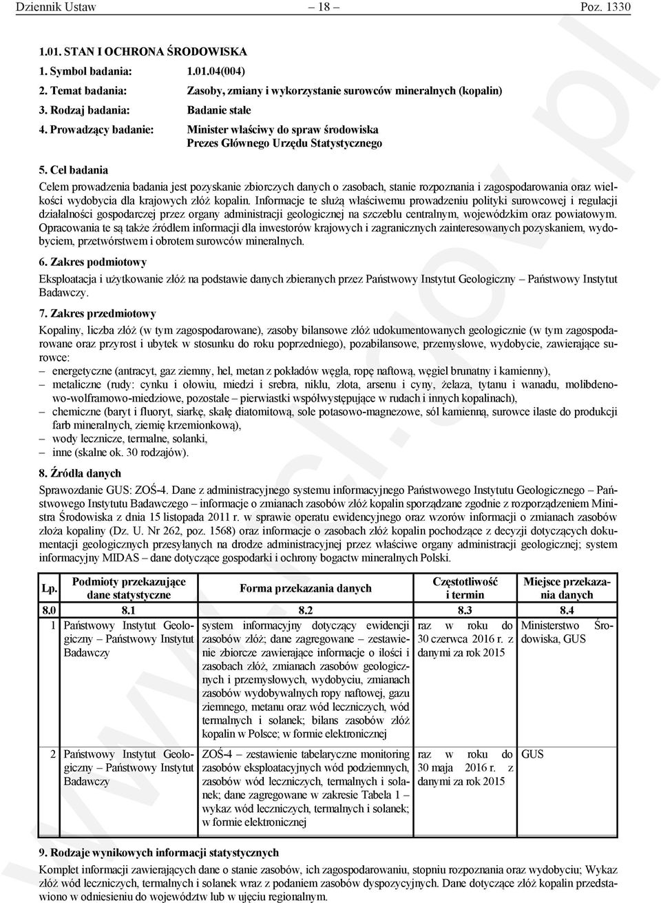Prowadzący badanie: Minister właściwy do spraw środowiska Prezes Głównego Urzędu Statystycznego Celem prowadzenia badania jest pozyskanie zbiorczych o zasobach, stanie rozpoznania i zagospodarowania