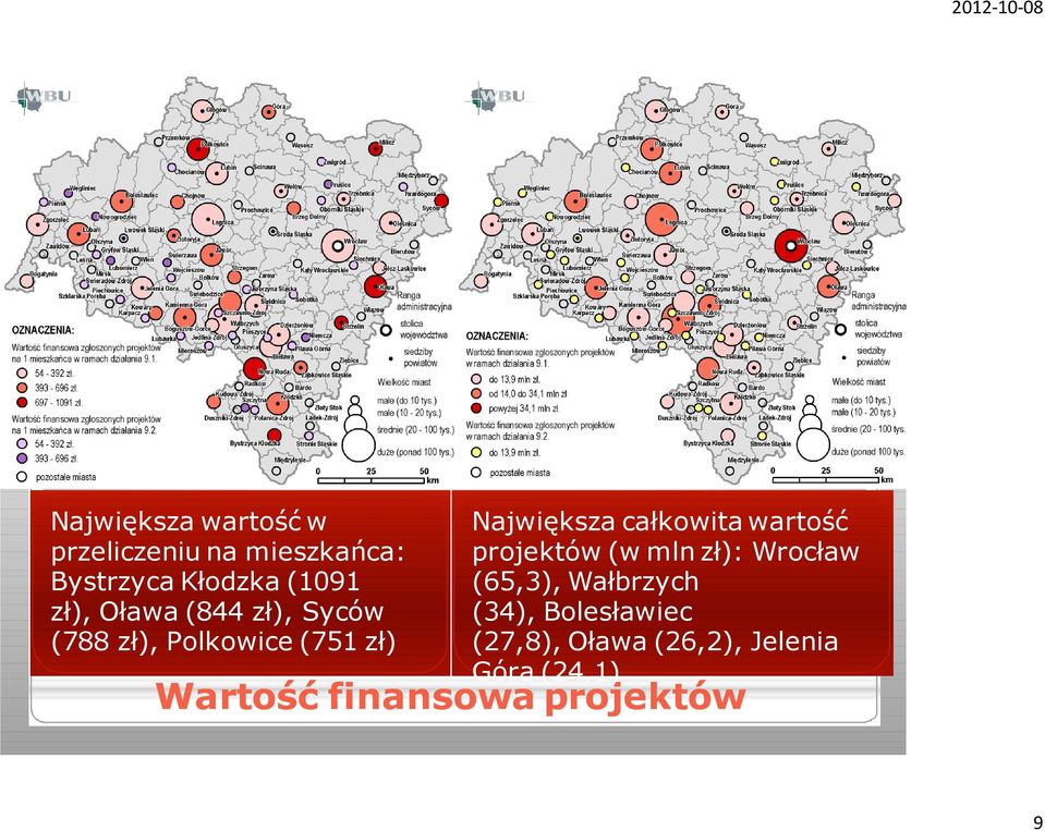 całkowita wartość projektów (w mln zł): Wrocław (65,3), Wałbrzych (34),