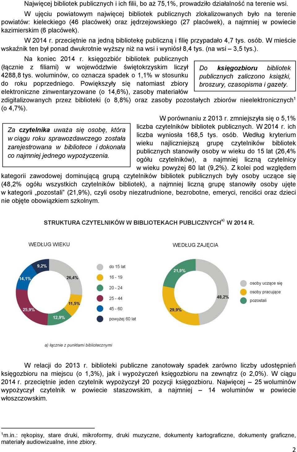 placówek). W 2014 r. przeciętnie na jedną bibliotekę publiczną i filię przypadało 4,7 tys. osób. W mieście wskaźnik ten był ponad dwukrotnie wyższy niż na wsi i wyniósł 8,4 tys. (na wsi 3,5 tys.). Na koniec 2014 r.