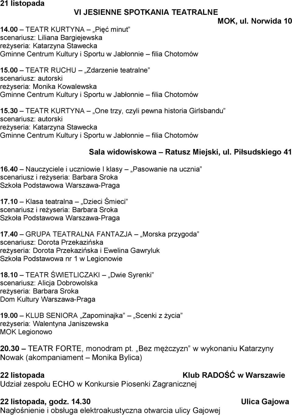 00 TEATR RUCHU Zdarzenie teatralne reżyseria: Monika Kowalewska Gminne Centrum Kultury i Sportu w Jabłonnie filia Chotomów 15.