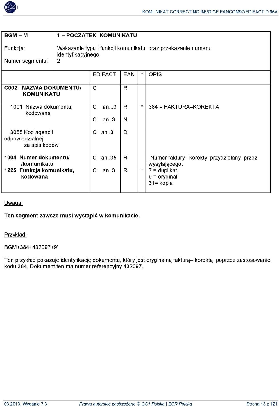 .35 R Numer faktury korekty przydzielany przez wysyłającego. C an..3 R * 7 = duplikat 9 = oryginał 31= kopia Uwaga: Ten segment zawsze musi wystąpić w komunikacie.