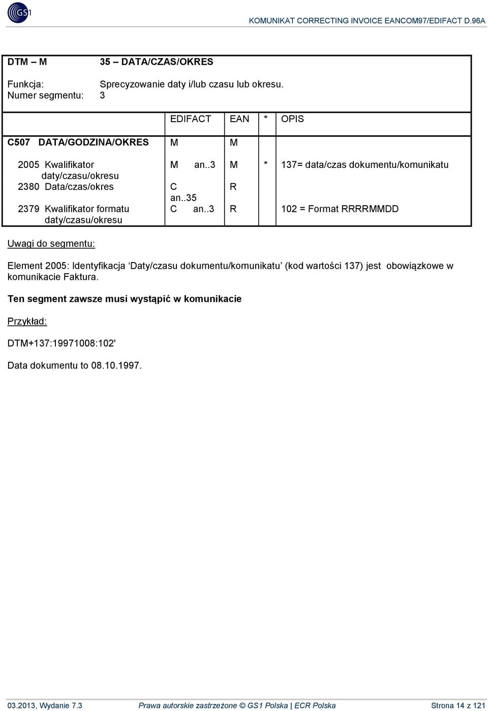 .3 R 102 = Format RRRRMMDD Element 2005: Identyfikacja Daty/czasu dokumentu/komunikatu (kod wartości 137) jest obowiązkowe w komunikacie Faktura.