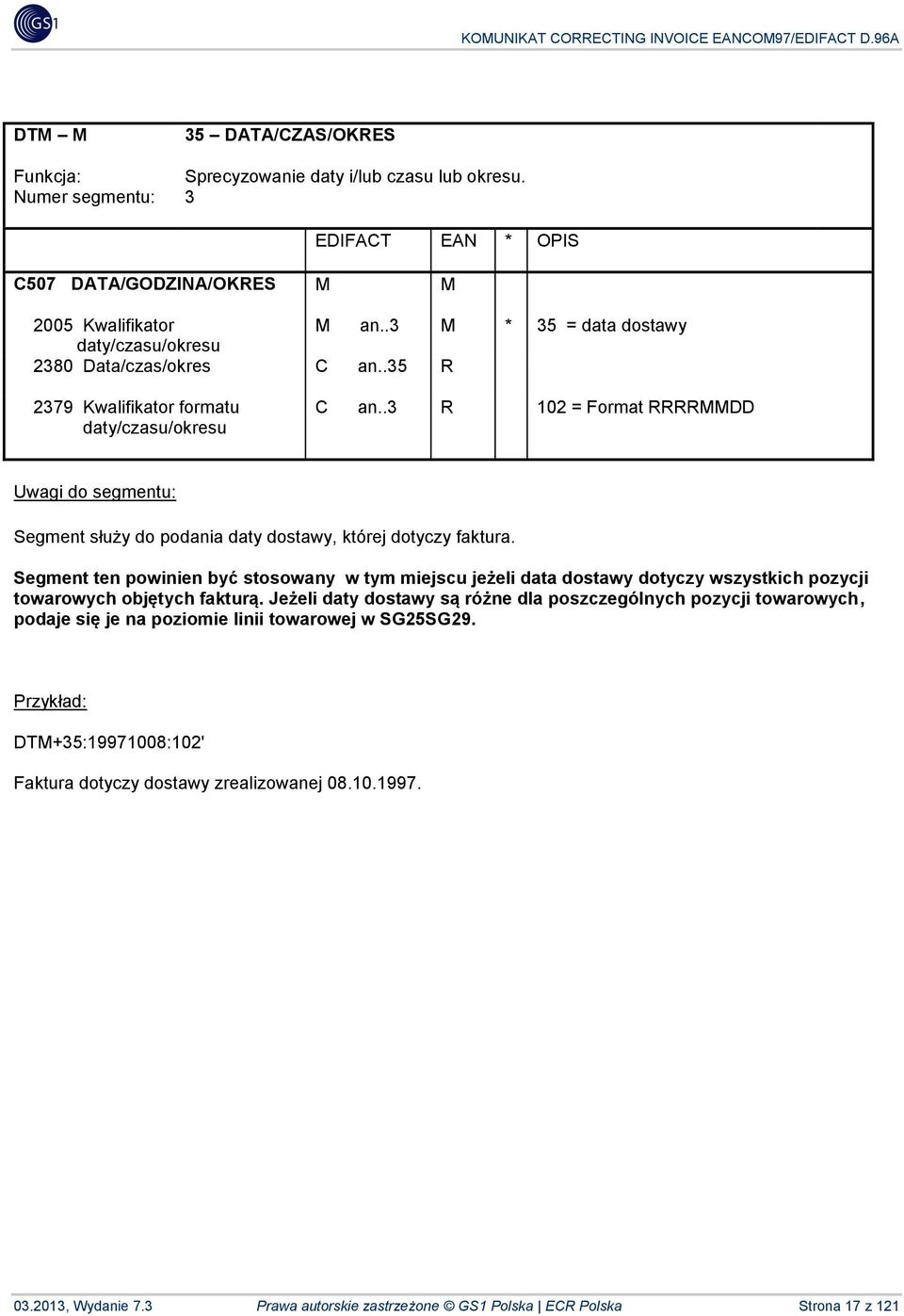 .3 R 102 = Format RRRRMMDD Segment służy do podania daty dostawy, której dotyczy faktura.