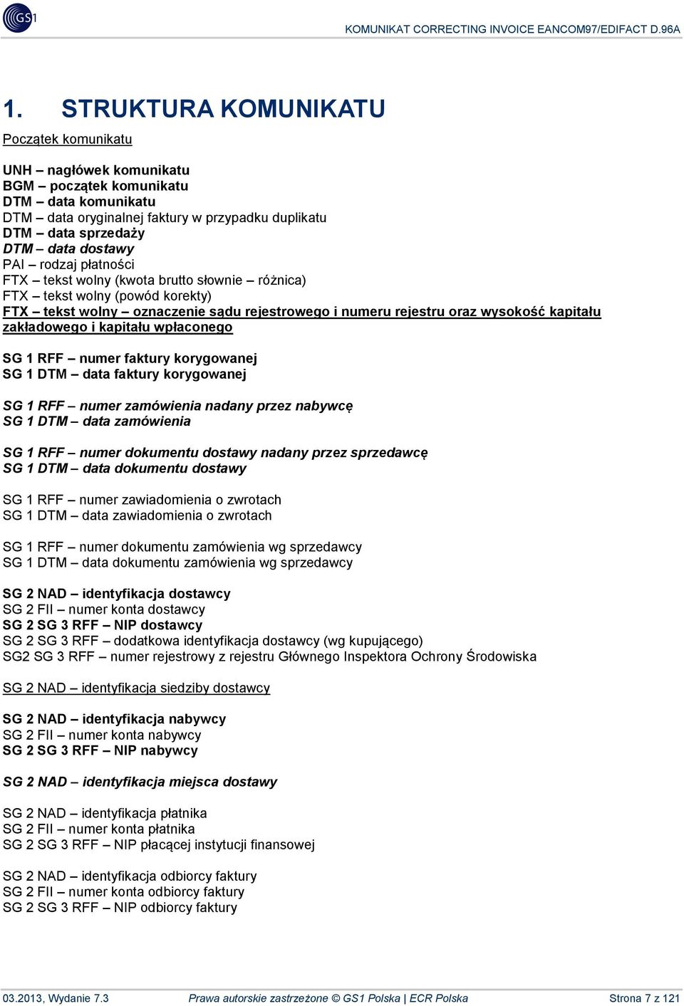 kapitału wpłaconego SG 1 RFF numer faktury korygowanej SG 1 DTM data faktury korygowanej SG 1 RFF numer zamówienia nadany przez nabywcę SG 1 DTM data zamówienia SG 1 RFF numer dokumentu dostawy