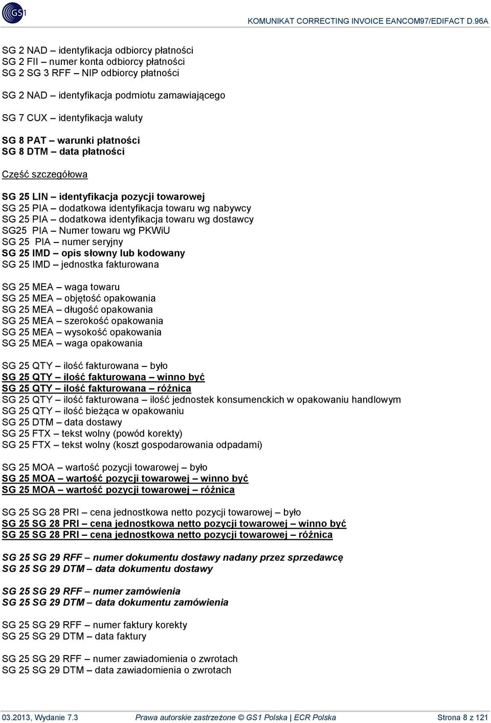 wg dostawcy SG25 PIA Numer towaru wg PKWiU SG 25 PIA numer seryjny SG 25 IMD opis słowny lub kodowany SG 25 IMD jednostka fakturowana SG 25 MEA waga towaru SG 25 MEA objętość opakowania SG 25 MEA