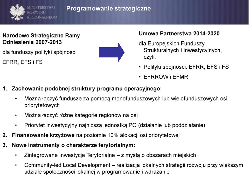 Zachowanie podobnej struktury programu operacyjnego: Można łączyć fundusze za pomocą monofunduszowych lub wielofunduszowych osi priorytetowych Można łączyć różne kategorie regionów na osi Priorytet