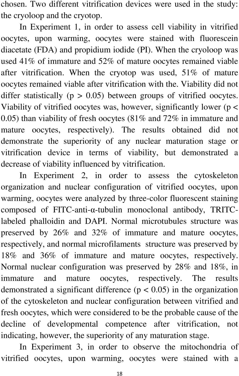 When the cryoloop was used 41% of immature and 52% of mature oocytes remained viable after vitrification. When the cryotop was used, 51% of mature oocytes remained viable after vitrification with the.