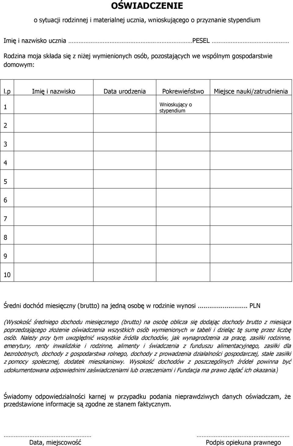 p Imię i nazwisko Data urodzenia Pokrewieństwo Miejsce nauki/zatrudnienia 1 Wnioskujący o stypendium 2 3 4 5 6 7 8 9 10 Średni dochód miesięczny (brutto) na jedną osobę w rodzinie wynosi.