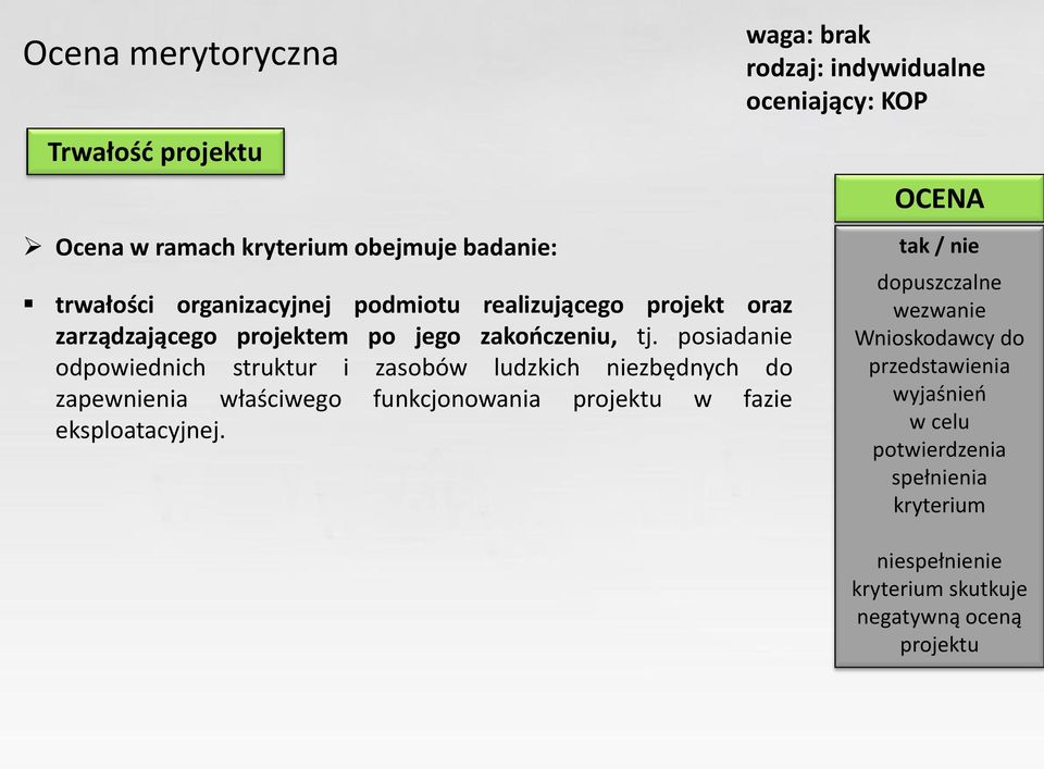 posiadanie odpowiednich struktur i zasobów ludzkich niezbędnych do zapewnienia właściwego funkcjonowania projektu w
