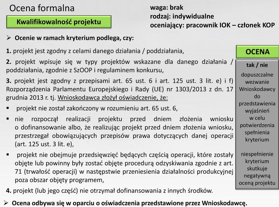 e) i f) Rozporządzenia Parlamentu Europejskiego i Rady (UE) nr 1303/2013 z dn. 17 grudnia 2013 r. tj. Wnioskodawca złożył oświadczenie, że: projekt nie został zakończony w rozumieniu art. 65 ust.