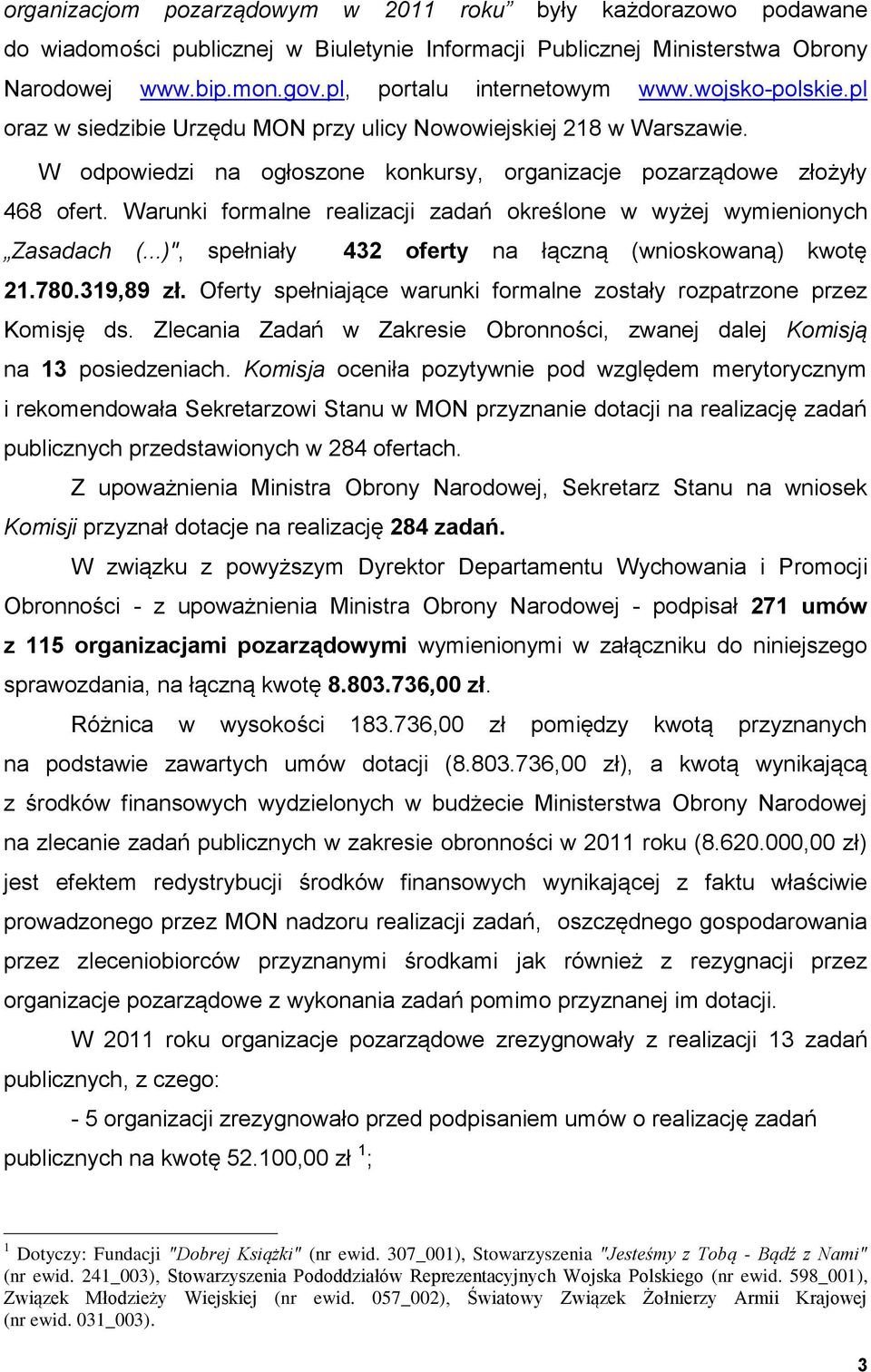 Warunki formalne realizacji zadań określone w wyżej wymienionych Zasadach (...)", spełniały 432 oferty na łączną (wnioskowaną) kwotę 21.780.319,89 zł.