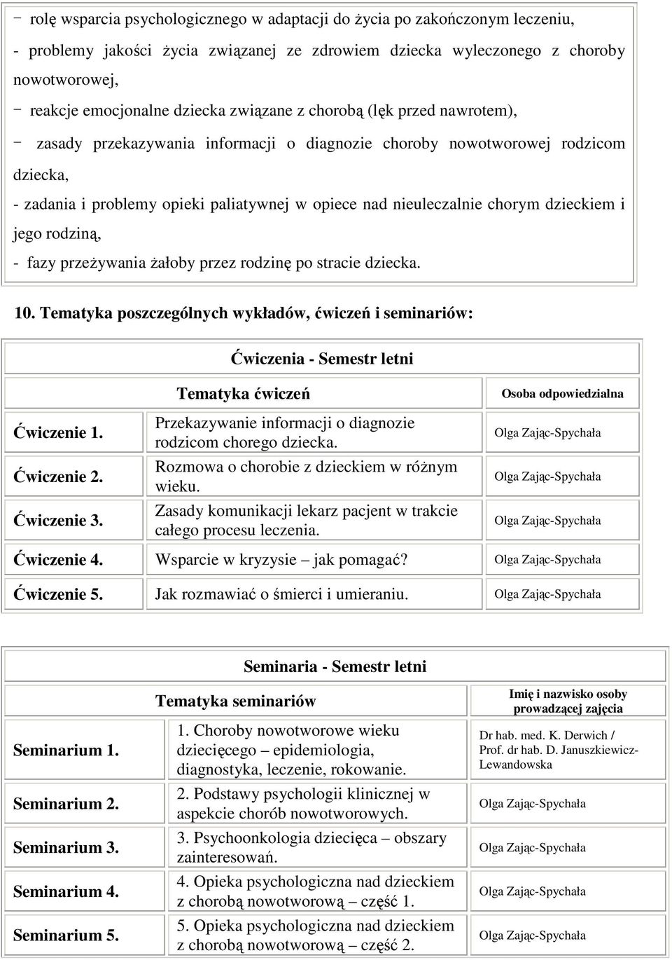 dzieckiem i jego rodziną, - fazy przeŝywania Ŝałoby przez rodzinę po stracie dziecka. 10. Tematyka poszczególnych wykładów, ćwiczeń i seminariów: Ćwiczenia - Semestr letni Ćwiczenie 1. Ćwiczenie 2.