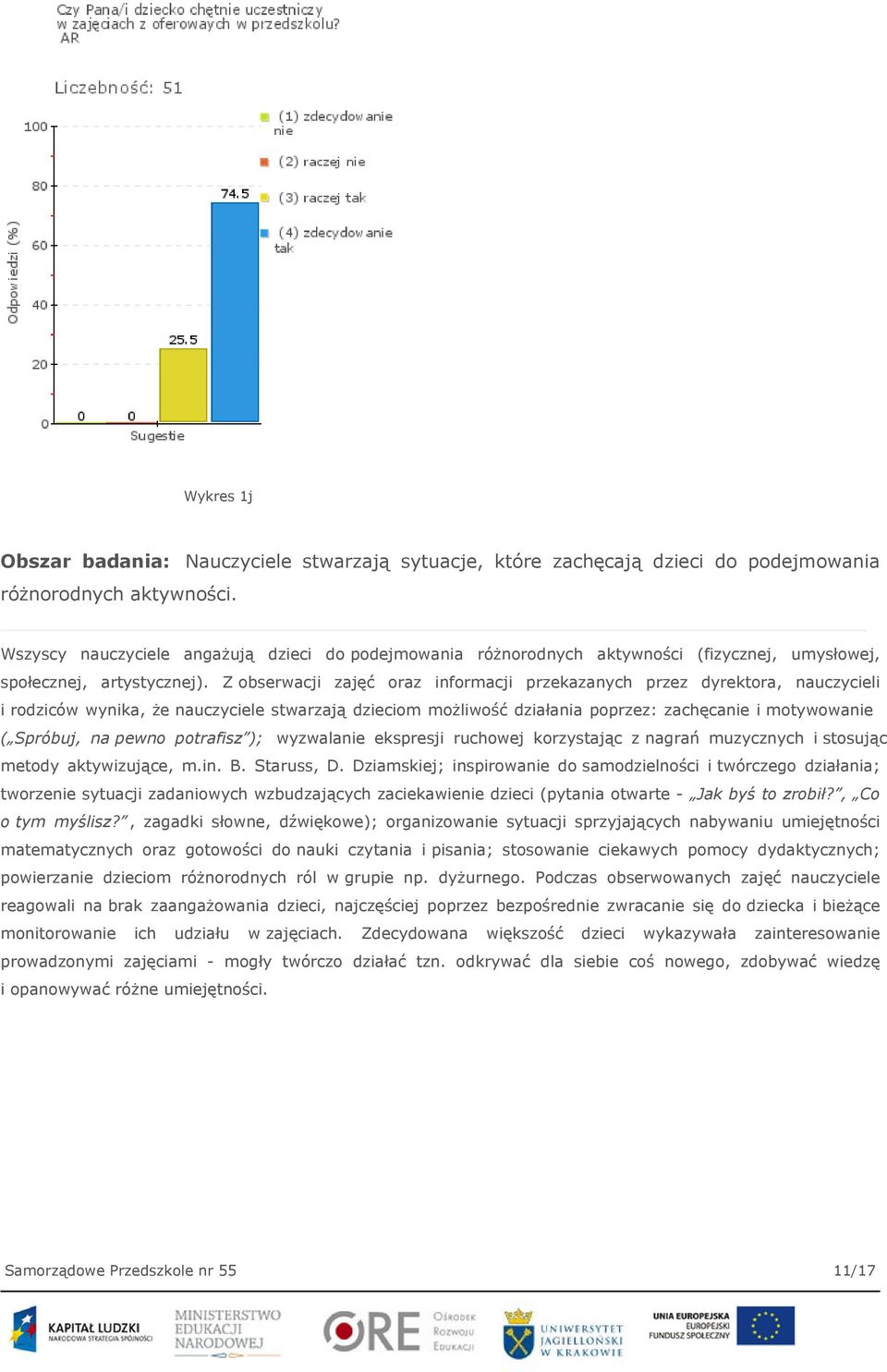 Z obserwacji zajęć oraz informacji przekazanych przez dyrektora, nauczycieli i rodziców wynika, że nauczyciele stwarzają dzieciom możliwość działania poprzez: zachęcanie i motywowanie ( Spróbuj, na