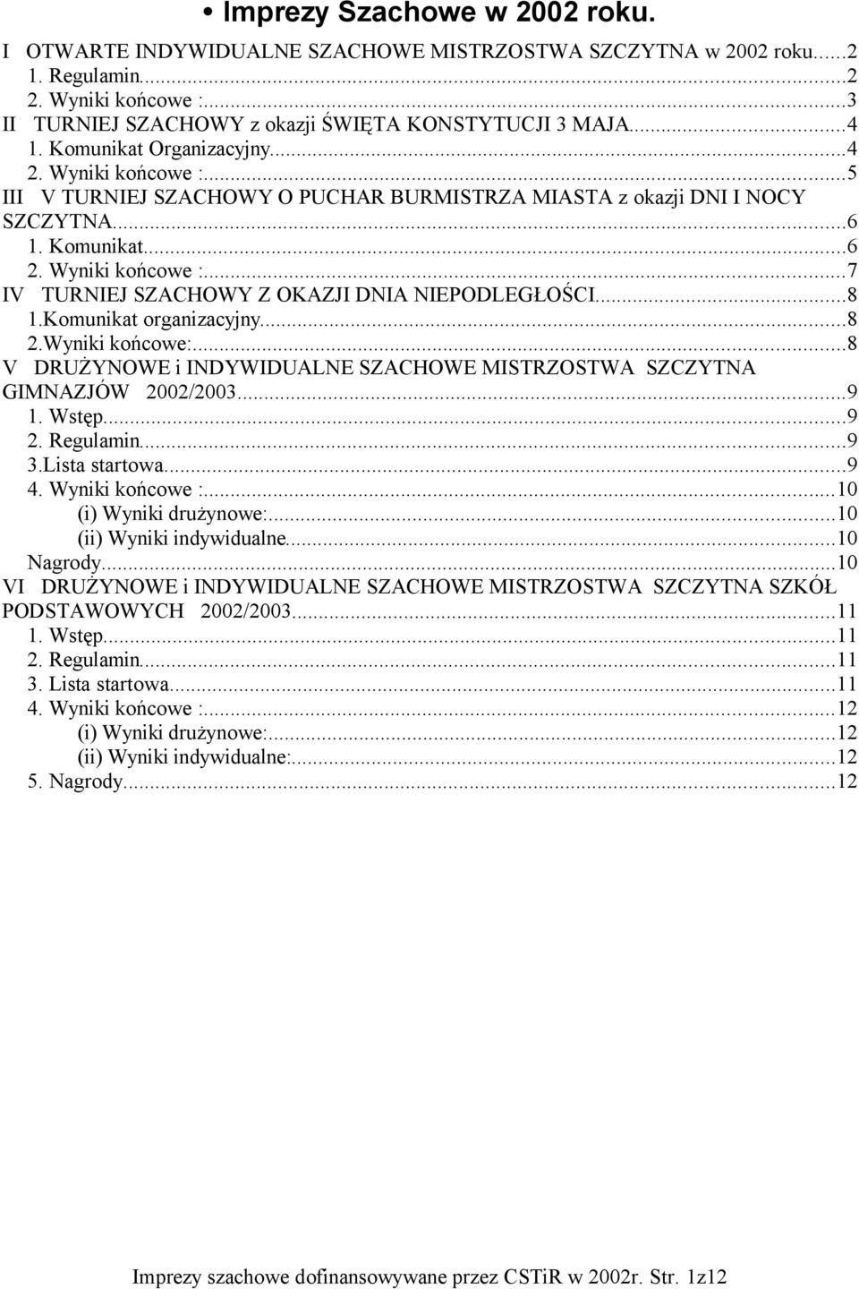 ..8 1.Komunikat organizacyjny...8 2.Wyniki końcowe:...8 V DRUŻYNOWE i INDYWIDUALNE SZACHOWE MISTRZOSTWA SZCZYTNA GIMNAZJÓW 2002/2003...9 1. Wstęp...9 2. Regulamin...9 3.Lista startowa...9 4.