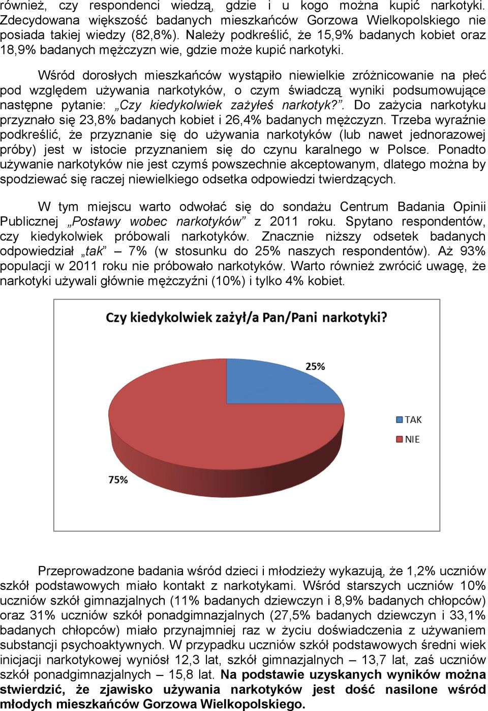 Wśród dorosłych mieszkańców wystąpiło niewielkie zróżnicowanie na płeć pod względem używania narkotyków, o czym świadczą wyniki podsumowujące następne pytanie: Czy kiedykolwiek zażyłeś narkotyk?