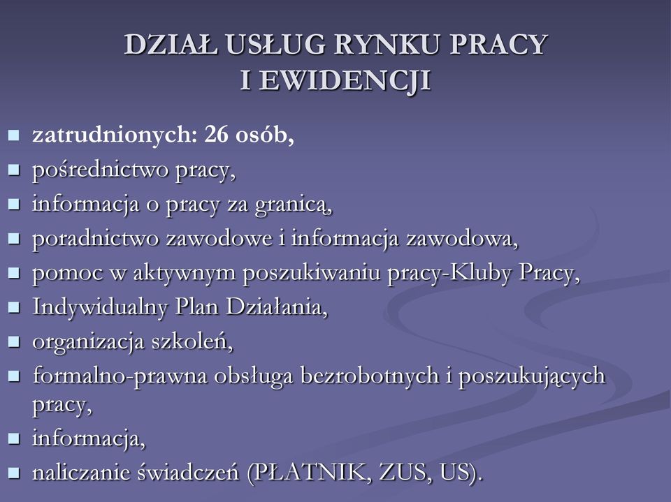 poszukiwaniu pracy-kluby Pracy, Indywidualny Plan Działania, organizacja szkoleń,