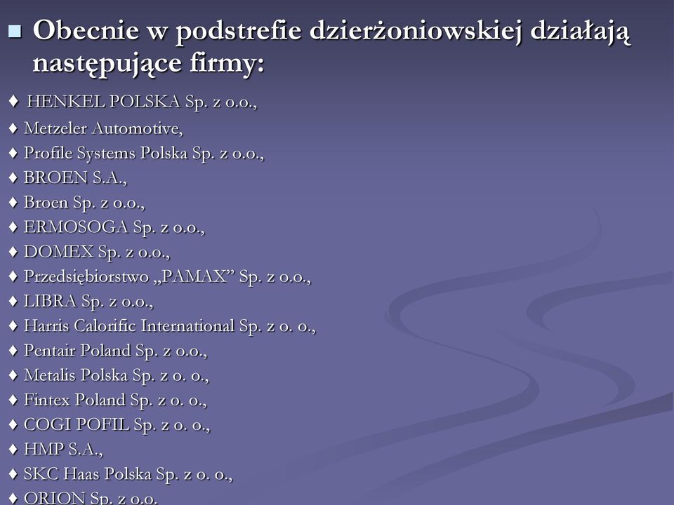 z o.o., Harris Calorific International Sp. z o. o., Pentair Poland Sp. z o.o., Metalis Polska Sp. z o. o., Fintex Poland Sp.