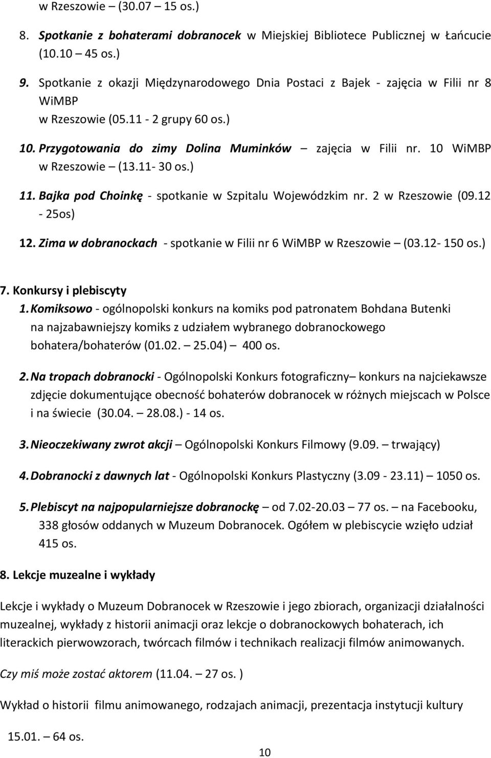 10 WiMBP w Rzeszowie (13.11-30 os.) 11. Bajka pod Choinkę - spotkanie w Szpitalu Wojewódzkim nr. 2 w Rzeszowie (09.12-25os) 12. Zima w dobranockach - spotkanie w Filii nr 6 WiMBP w Rzeszowie (03.