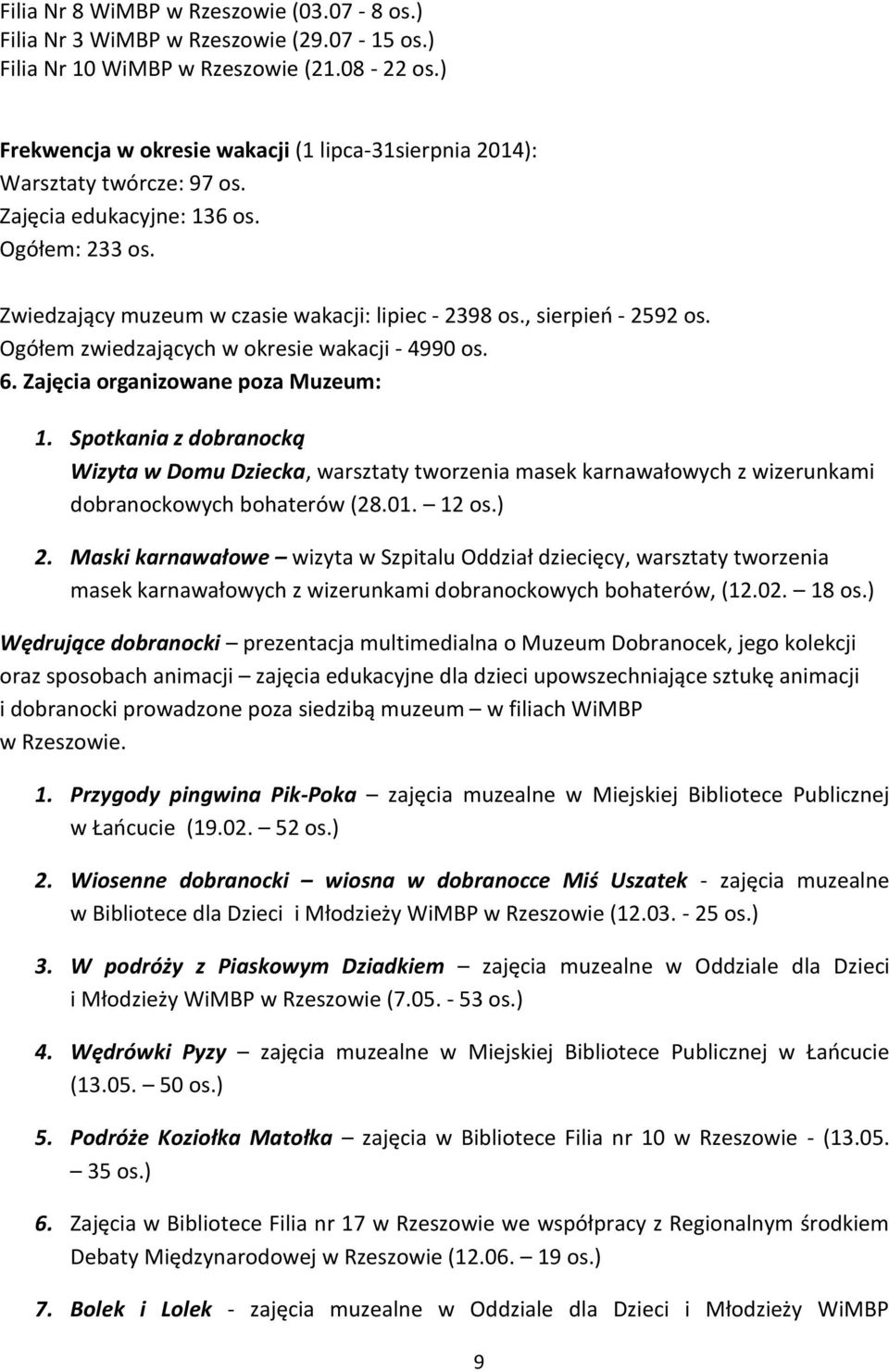, sierpień - 2592 os. Ogółem zwiedzających w okresie wakacji - 4990 os. 6. Zajęcia organizowane poza Muzeum: 1.