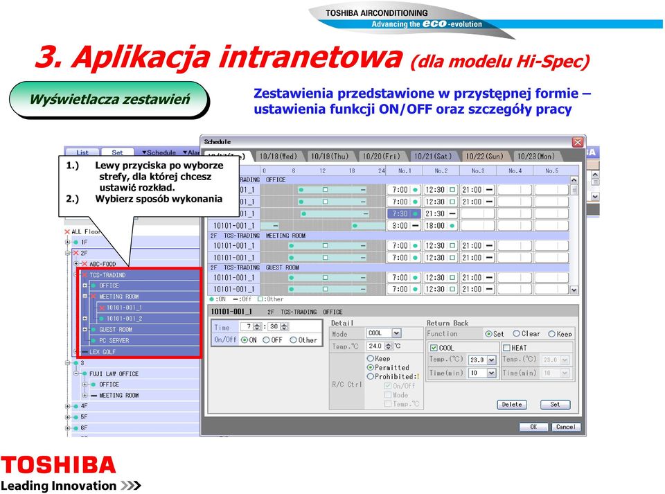 ustawienia funkcji ON/OFF oraz szczegóły pracy 1.