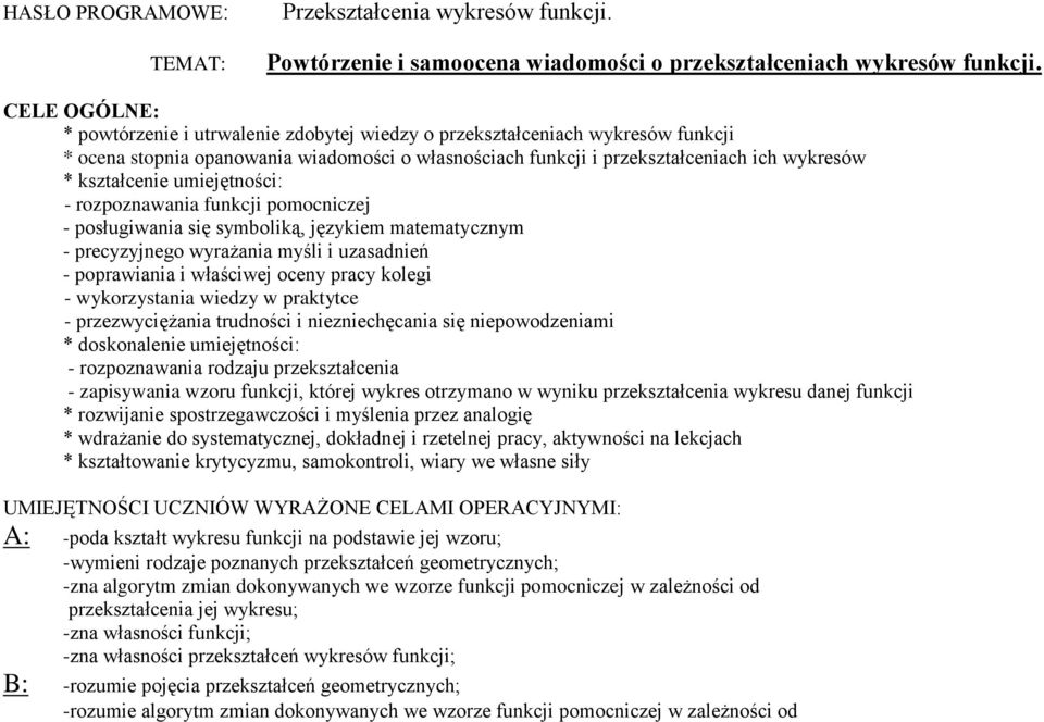 kształcenie umiejętności: - rozpoznawania funkcji pomocniczej - posługiwania się symboliką, językiem matematycznym - precyzyjnego wyrażania myśli i uzasadnień - poprawiania i właściwej oceny pracy
