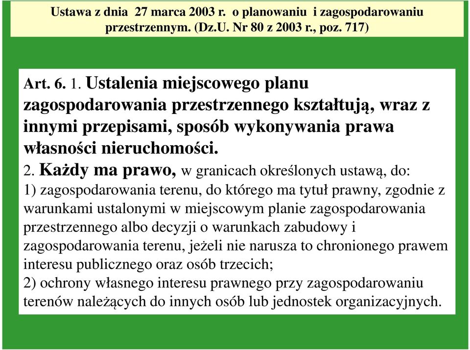 Każdy ma prawo, w granicach określonych ustawą, do: 1) zagospodarowania terenu, do którego ma tytuł prawny, zgodnie z warunkami ustalonymi w miejscowym planie zagospodarowania