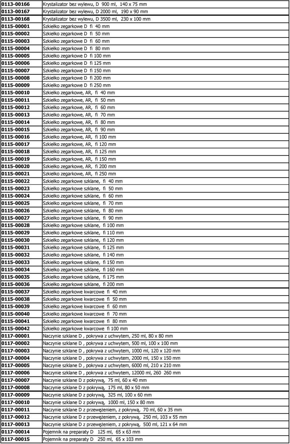 Szkiełko zegarkowe D fi 125 mm 0115-00007 Szkiełko zegarkowe D fi 150 mm 0115-00008 Szkiełko zegarkowe D fi 200 mm 0115-00009 Szkiełko zegarkowe D fi 250 mm 0115-00010 Szkiełko zegarkowe, AR, fi 40