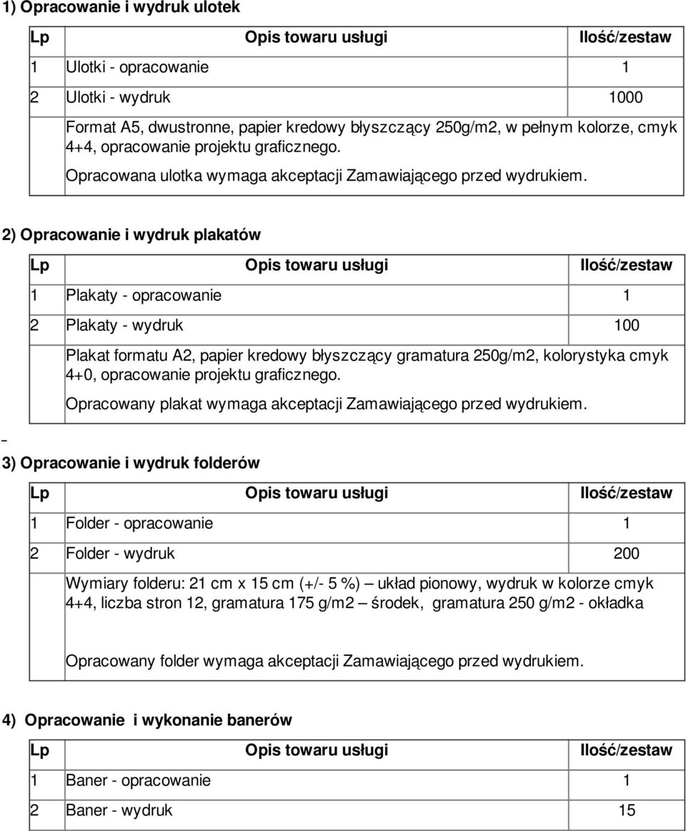 2) Opracowanie i wydruk plakatów 1 Plakaty - opracowanie 1 2 Plakaty - wydruk 100 Plakat formatu A2, papier kredowy błyszczący gramatura 250g/m2, kolorystyka cmyk 4+0, opracowanie projektu