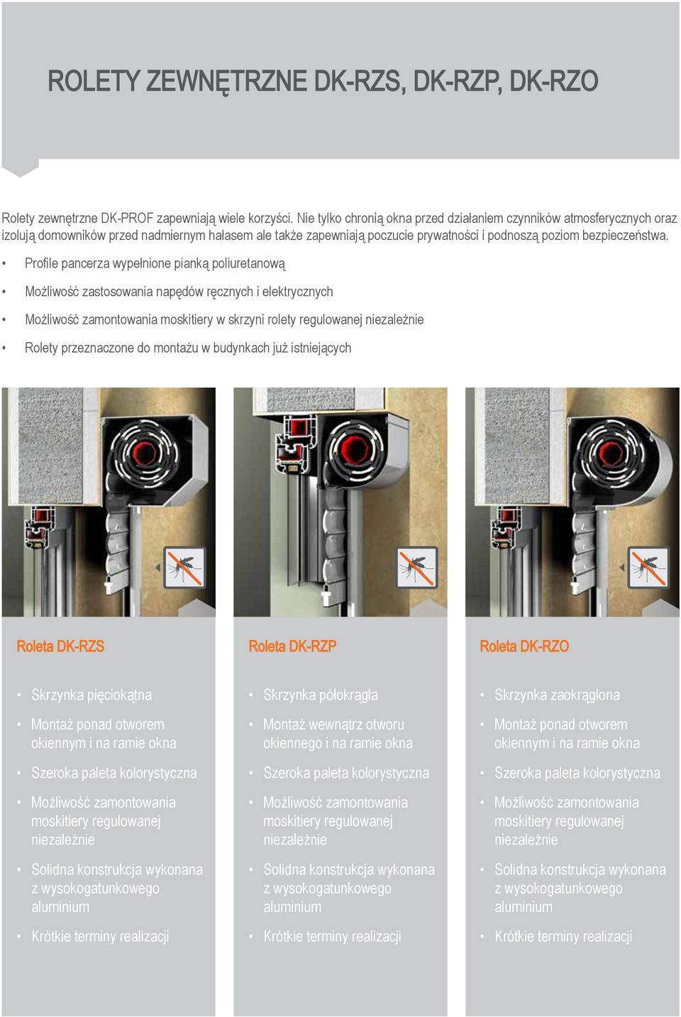 Profile pancerza wypełnione pianką poliuretanową Możliwość zastosowania napędów ręcznych i elektrycznych Możliwość zamontowania moskitiery w skrzyni rolety regulowanej Rolety przeznaczone do montażu