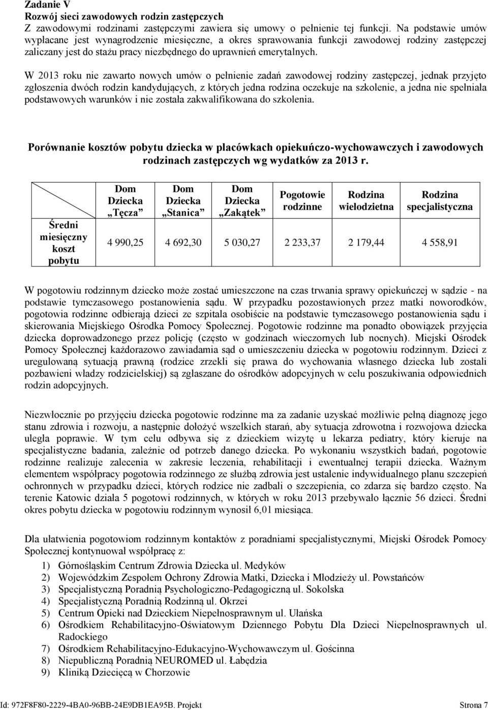 W 2013 roku nie zawarto nowych umów o pełnienie zadań zawodowej rodziny zastępczej, jednak przyjęto zgłoszenia dwóch rodzin kandydujących, z których jedna rodzina oczekuje na szkolenie, a jedna nie