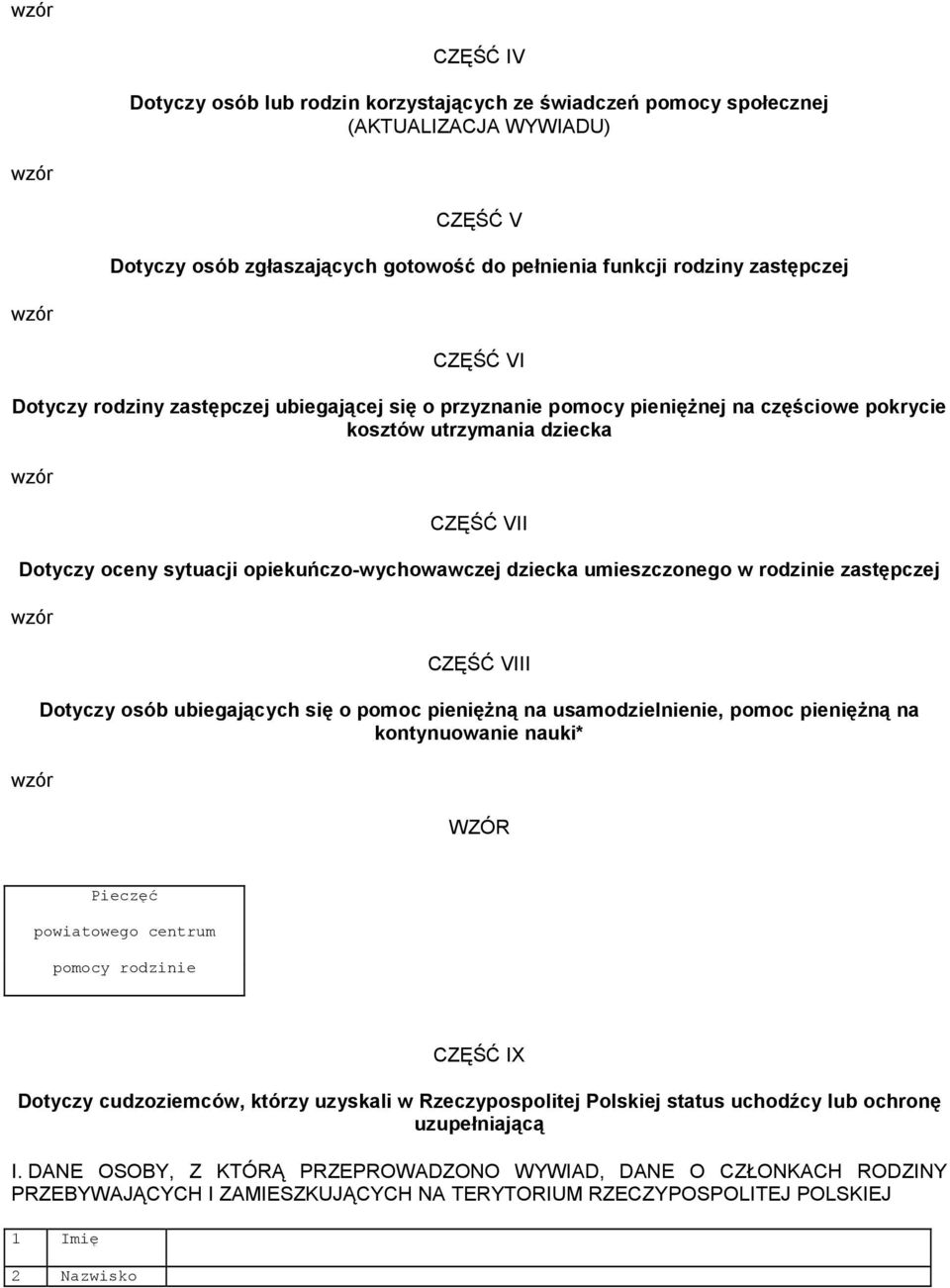 umieszczonego w rodzinie zastępczej CZĘŚĆ VIII Dotyczy osób ubiegających się o pomoc pienięŝną na usamodzielnienie, pomoc pienięŝną na kontynuowanie nauki* WZÓR Pieczęć powiatowego centrum pomocy