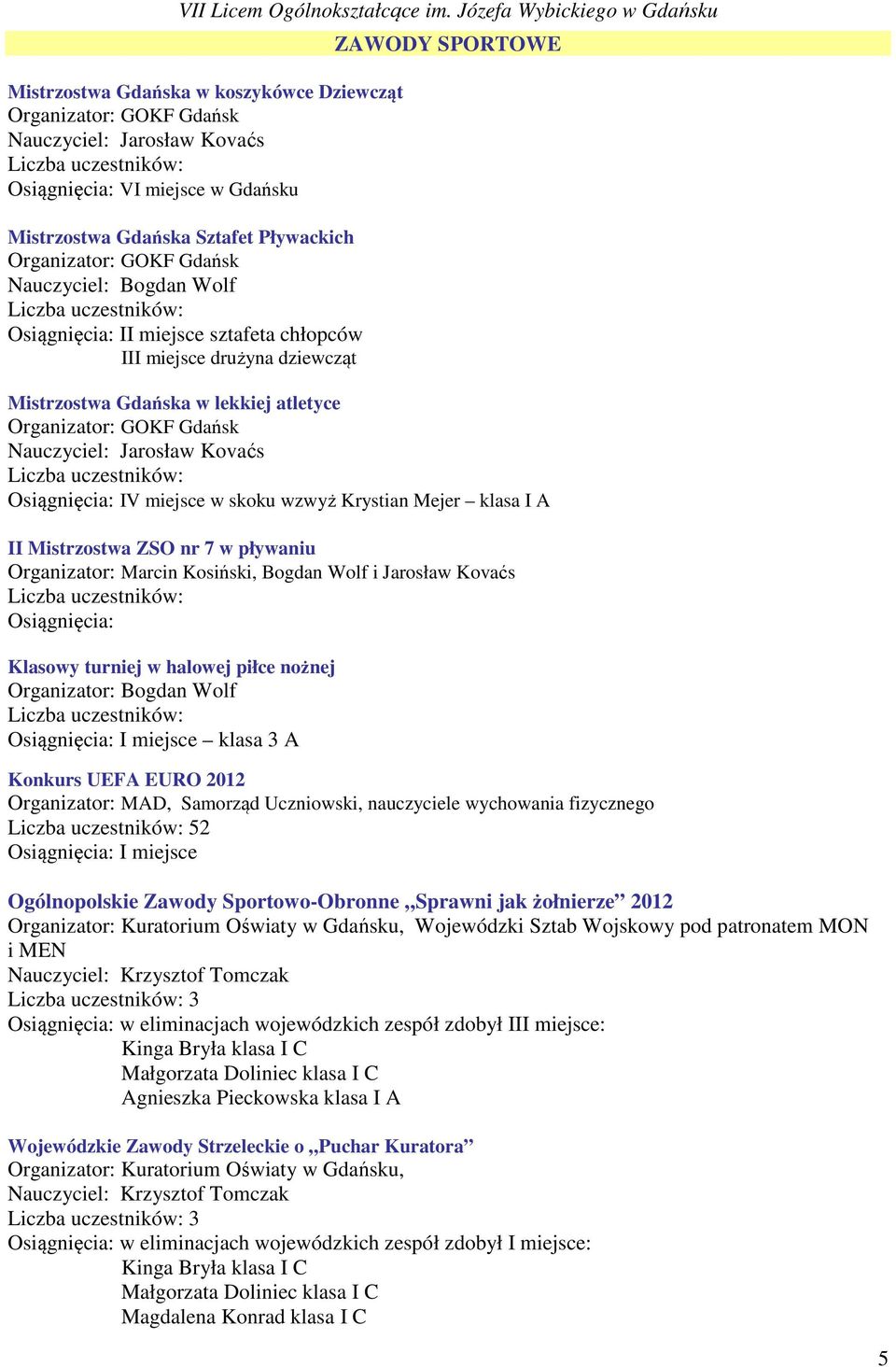 Mistrzostwa ZSO nr 7 w pływaniu Organizator: Marcin Kosiński, Bogdan Wolf i Jarosław Kovaćs Osiągnięcia: Klasowy turniej w halowej piłce nożnej Organizator: Bogdan Wolf Osiągnięcia: I miejsce klasa 3