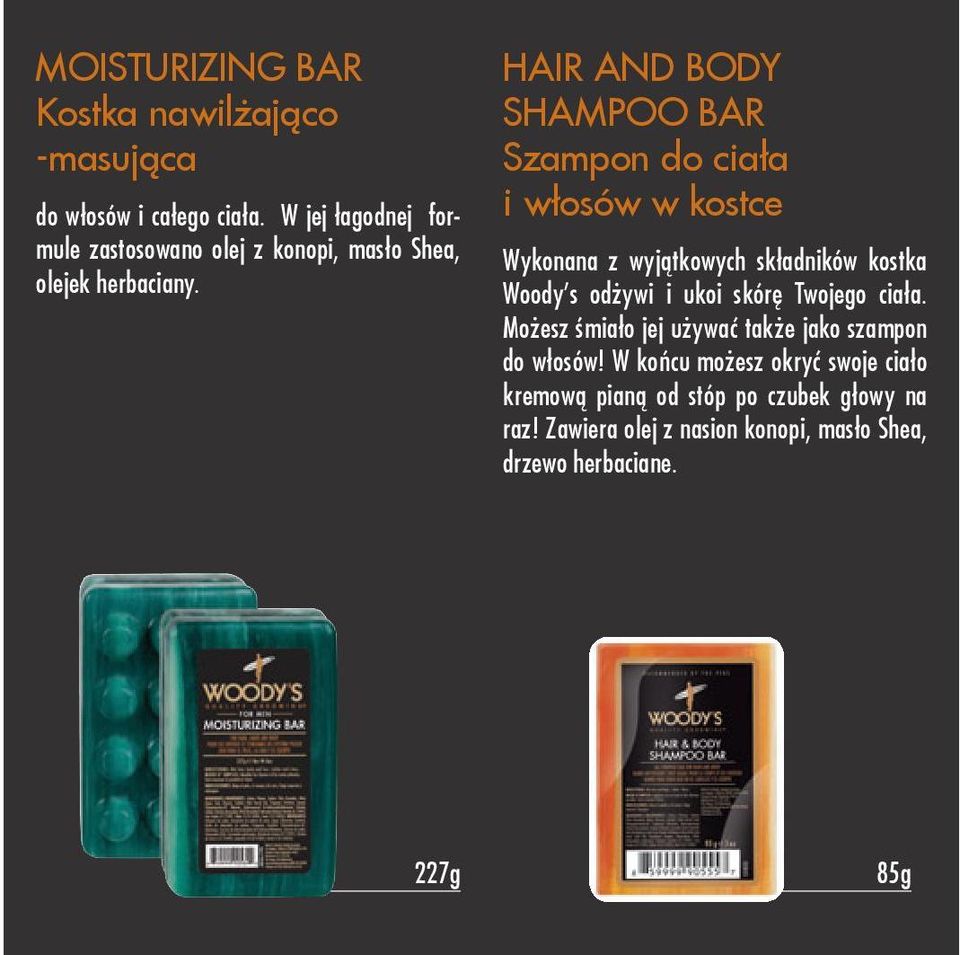 HAIR AND BODY SHAMPOO BAR Szampon do ciała i włosów w kostce Wykonana z wyjątkowych składników kostka Woody s odżywi i ukoi