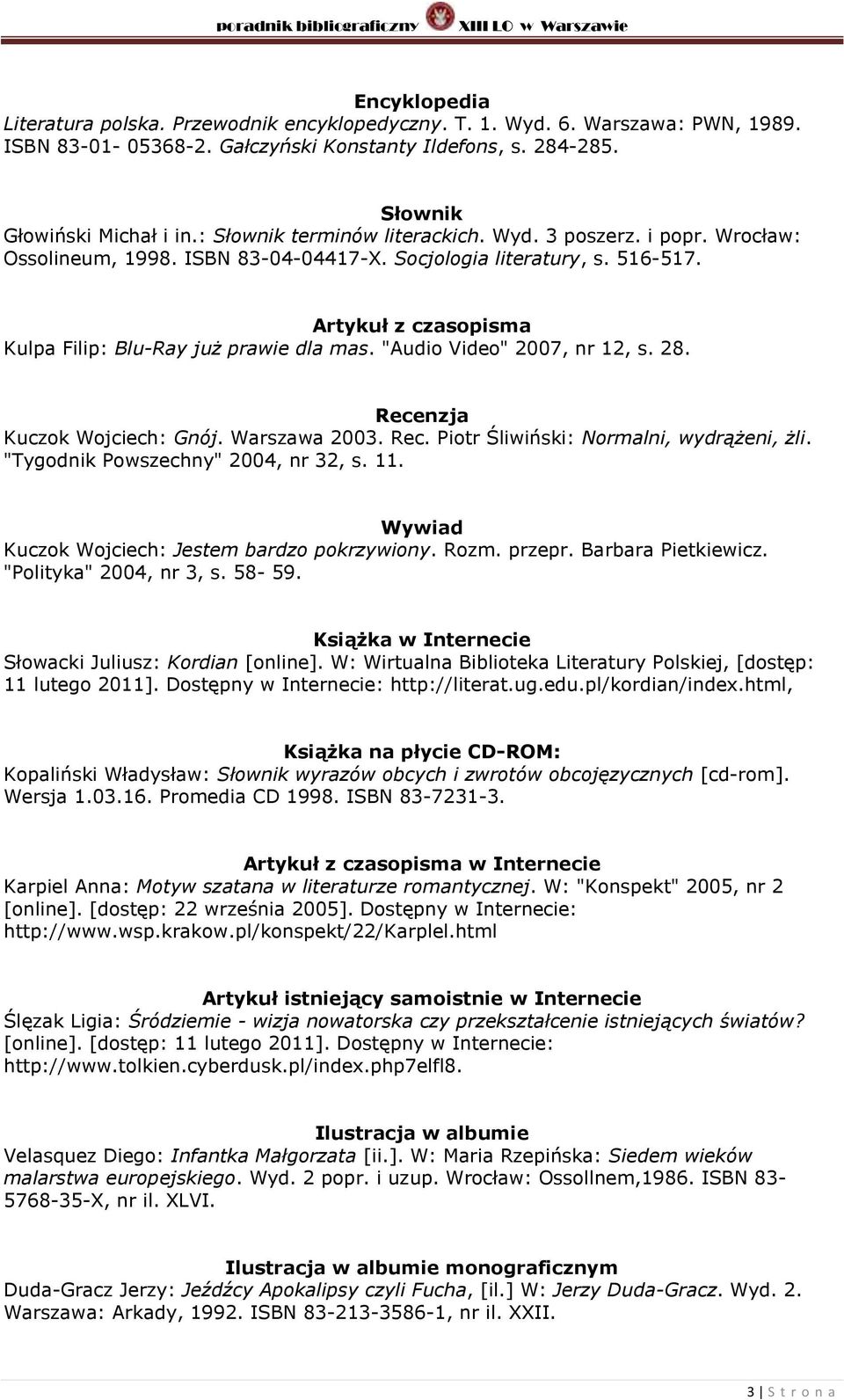 "Audio Video" 2007, nr 12, s. 28. Recenzja Kuczok Wojciech: Gnój. Warszawa 2003. Rec. Piotr Śliwiński: Normalni, wydrążeni, żli. "Tygodnik Powszechny" 2004, nr 32, s. 11.