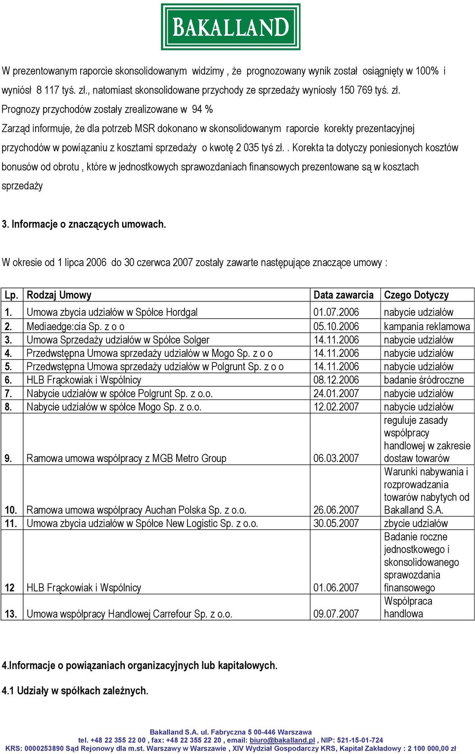 Prognozy przychodów zostały zrealizowane w 94 % Zarząd informuje, że dla potrzeb MSR dokonano w skonsolidowanym raporcie korekty prezentacyjnej przychodów w powiązaniu z kosztami sprzedaży o kwotę 2