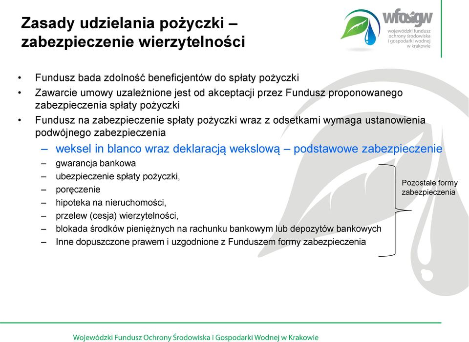 blanco wraz deklaracją wekslową podstawowe zabezpieczenie gwarancja bankowa ubezpieczenie spłaty pożyczki, poręczenie hipoteka na nieruchomości, przelew (cesja)