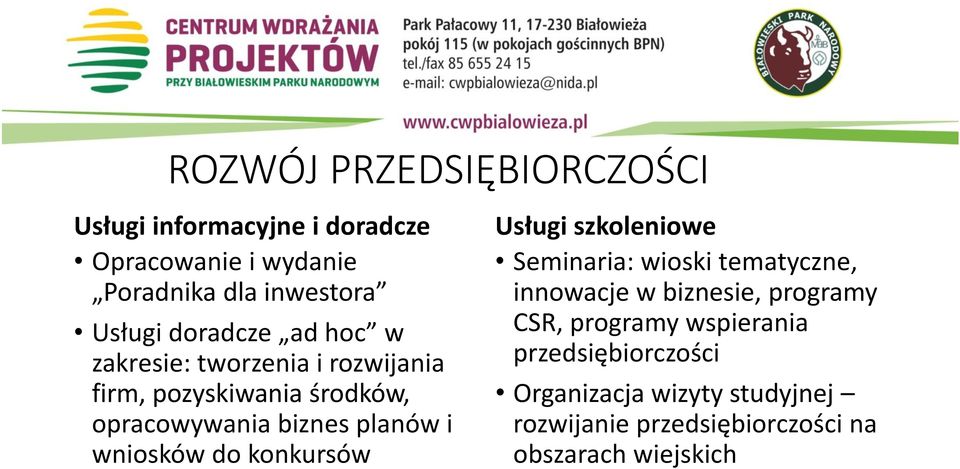 wniosków do konkursów Usługi szkoleniowe Seminaria: wioski tematyczne, innowacje w biznesie, programy CSR,