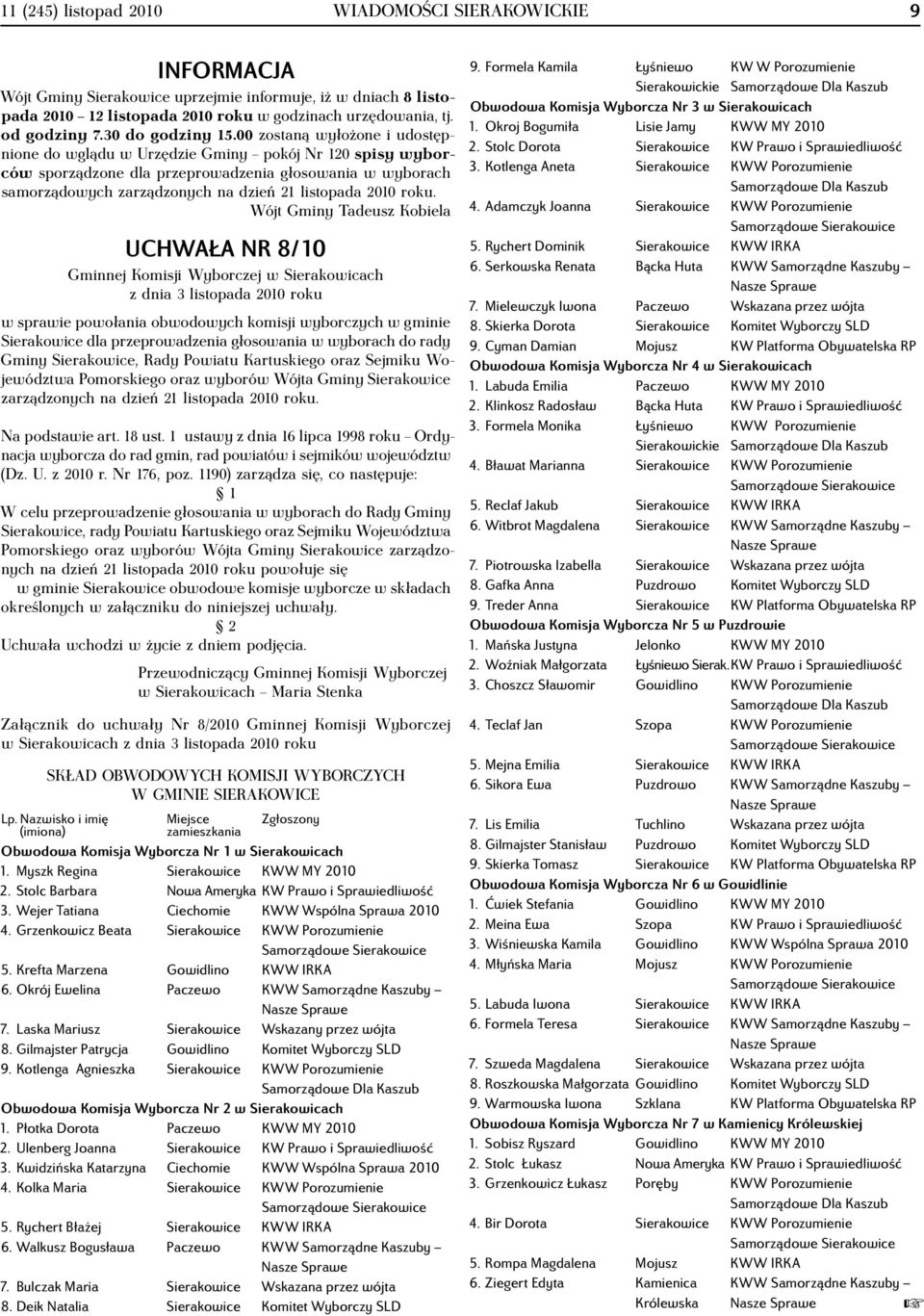 roku. Wójt Gminy Tadeusz Kobiela UCHWAŁA NR 8/10 Gminnej Komisji Wyborczej w Sierakowicach z dnia 3 listopada 2010 roku w sprawie powołania obwodowych komisji wyborczych w gminie Sierakowice dla