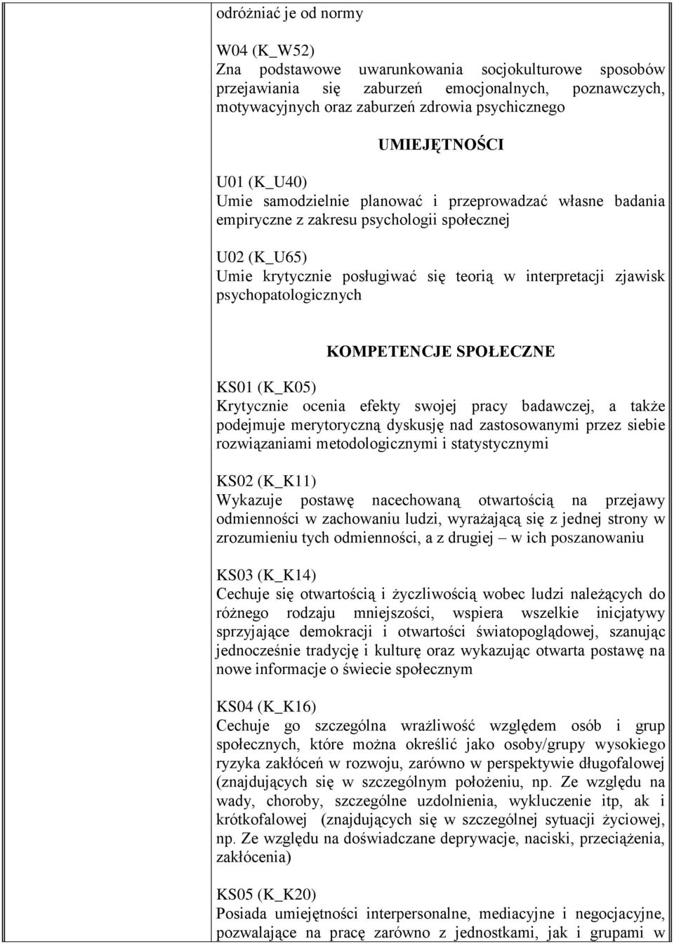 zjawisk psychopatologicznych KOMPETENCJE SPOŁECZNE KS01 (K_K05) Krytycznie ocenia efekty swojej pracy badawczej, a także podejmuje merytoryczną dyskusję nad zastosowanymi przez siebie rozwiązaniami