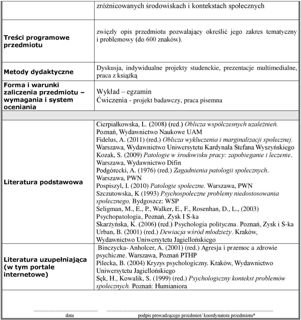 studenckie, prezentacje multimedialne, praca z książką Wykład egzamin Ćwiczenia - projekt badawczy, praca pisemna Cierpiałkowska, L. (2008) (red.) Oblicza współczesnych uzależnień.