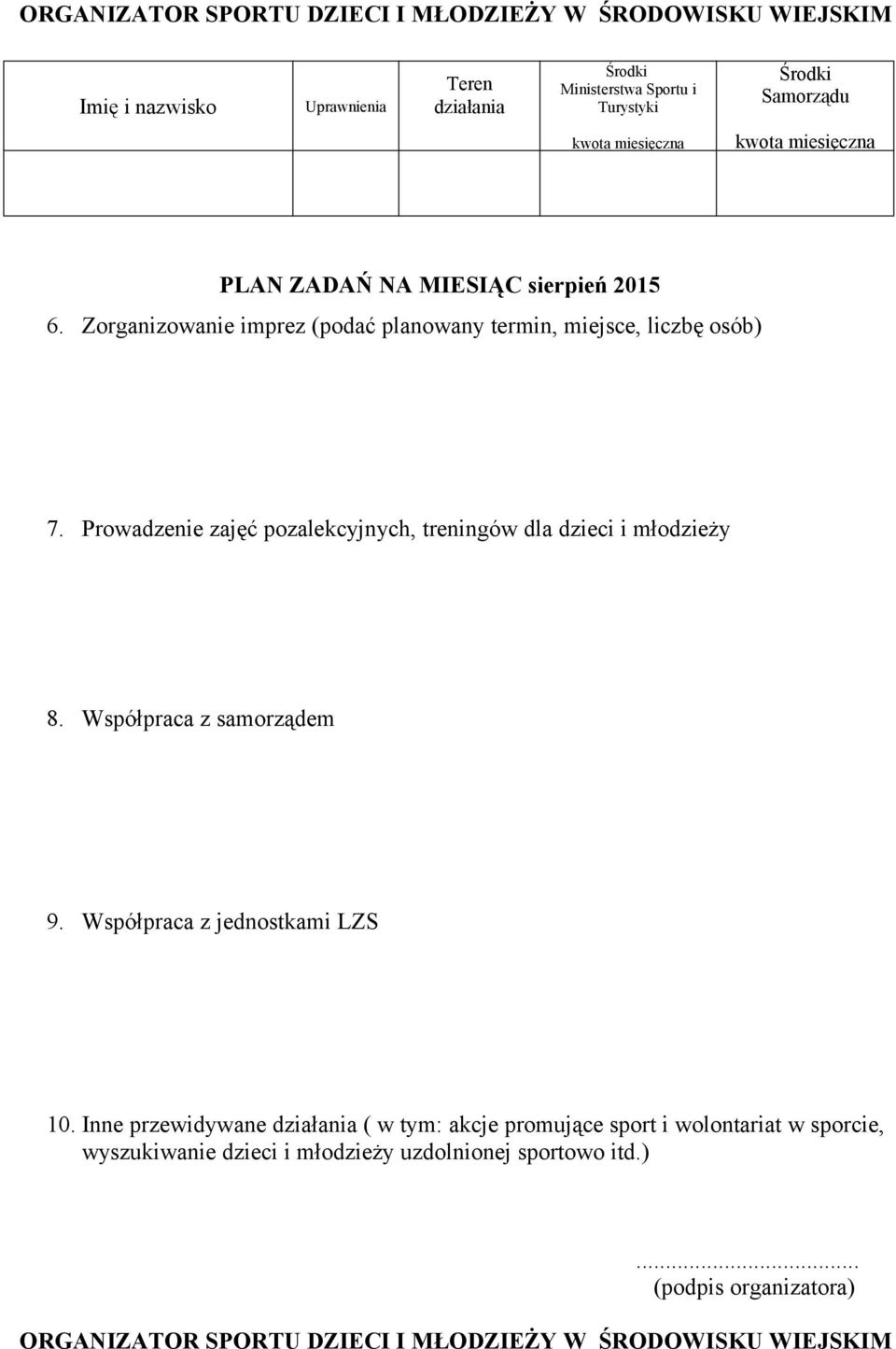 Prowadzenie zajęć pozalekcyjnych, treningów dla dzieci i młodzieży 8.