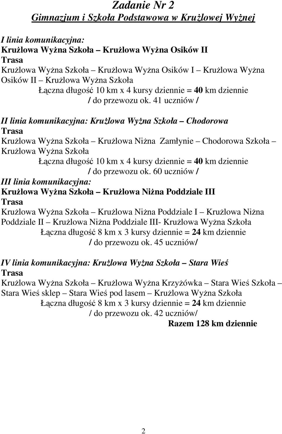 41 uczniów / II linia komunikacyjna: KruŜlowa WyŜna Szkoła Chodorowa KruŜlowa WyŜna Szkoła KruŜlowa NiŜna Zamłynie Chodorowa Szkoła KruŜlowa WyŜna Szkoła / do przewozu ok.