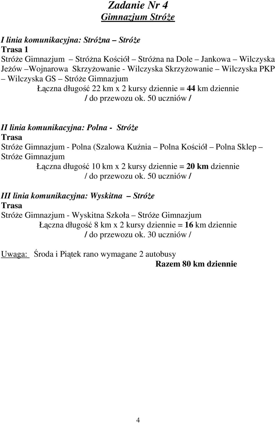 50 uczniów / II linia komunikacyjna: Polna - StróŜe StróŜe Gimnazjum - Polna (Szalowa Kuźnia Polna Kościół Polna Sklep StróŜe Gimnazjum Łączna długość 10 km x 2 kursy dziennie = 20 km dziennie /