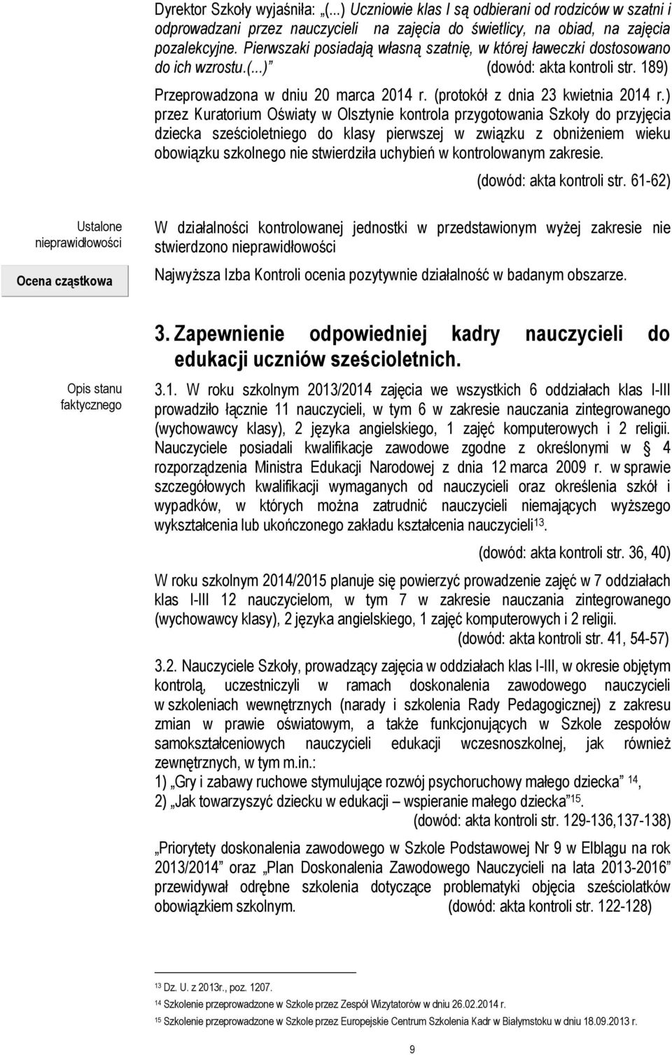 ) przez Kuratorium Oświaty w Olsztynie kontrola przygotowania Szkoły do przyjęcia dziecka sześcioletniego do klasy pierwszej w związku z obniżeniem wieku obowiązku szkolnego nie stwierdziła uchybień
