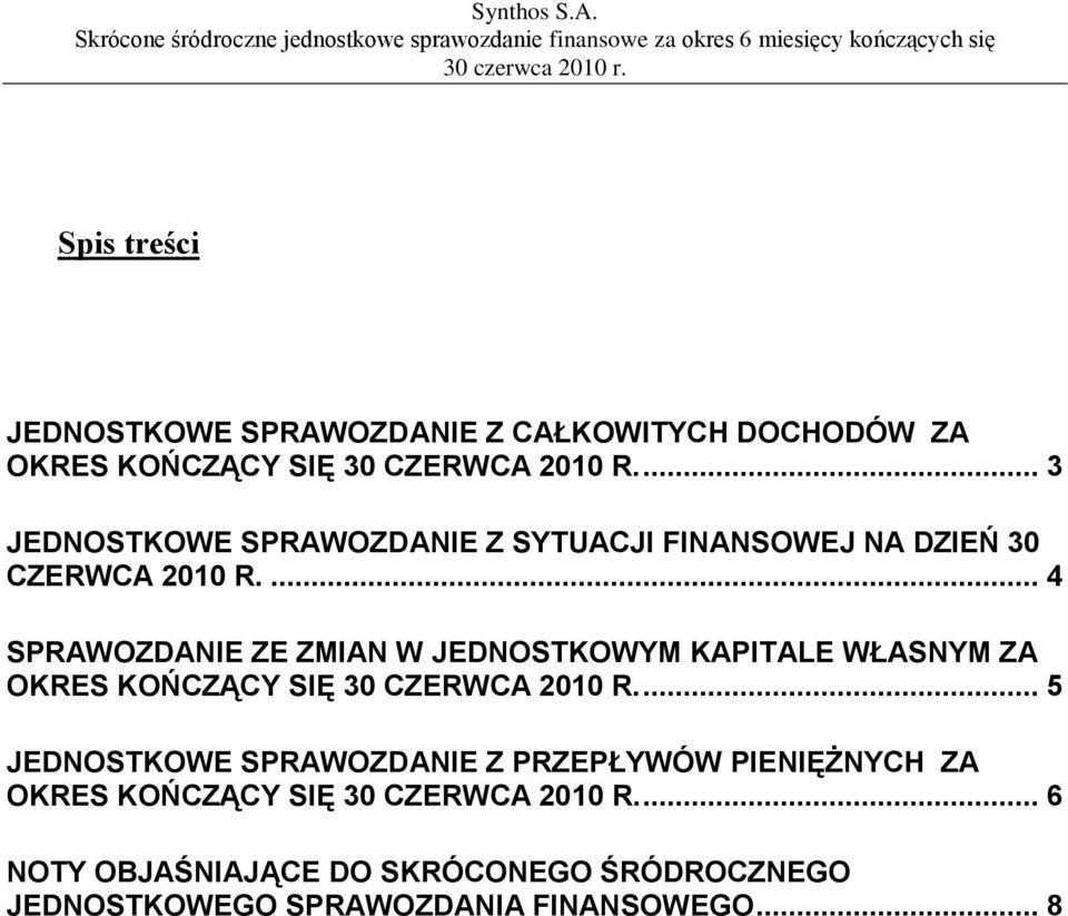 ... 3 JEDNOSTKOWE SPRAWOZDANIE Z SYTUACJI FINANSOWEJ NA DZIEŃ 30 CZERWCA 2010 R.