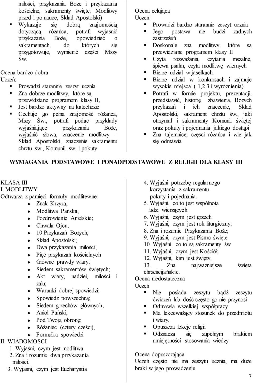 Ocena bardzo dobra Prowadzi starannie zeszyt ucznia Zna dobrze modlitwy, które są przewidziane programem klasy II, Jest bardzo aktywny na katechezie Cechuje go pełna znajomość różańca, Mszy Św.