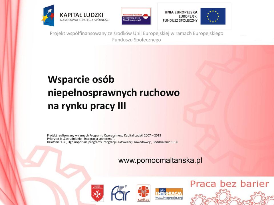 Operacyjnego Kapitał Ludzki 2007 2013 Priorytet I: Zatrudnienie i integracja społeczna, Działanie 1.