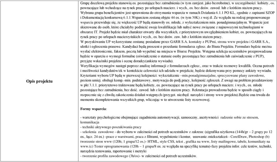 1 PO KL, zgodnie z zapisami SZOP i Dokumentacją konkursową 6.1.1.Wsparciem zostaną objęte 44 os. (w tym 30K) z woj.śl.
